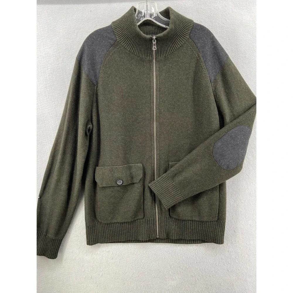 Banana Republic Sweater Men Sz Large Green Gray Wool Full‎ Zip Elbow Patch Cabin